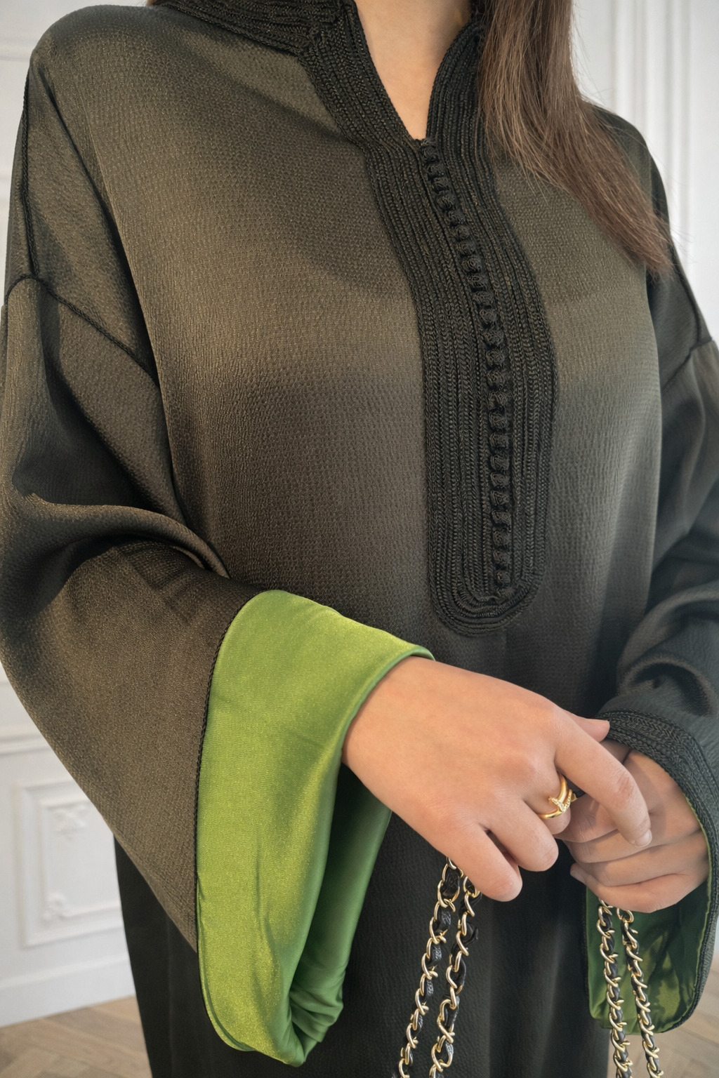 Texured Satin Kandoura - Army Green