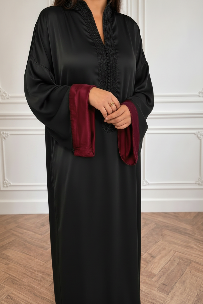 Smooth Satin Kandoura - Black x Red